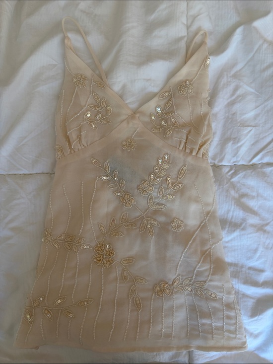 twik Tops - twik Champagne-Beige Embellished Floral Slip Tank